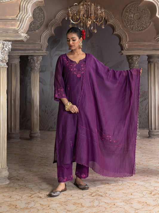Purple mul chanderi thread with mirror work dupatta