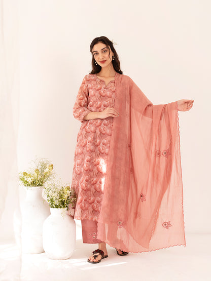 Coral tulip floral printed mul chanderi beadwork kurta set