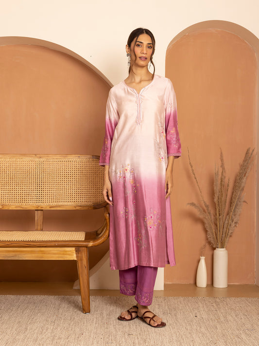 Light pink and purple ombrey bamboo silk with thread and bead embroidery kurta