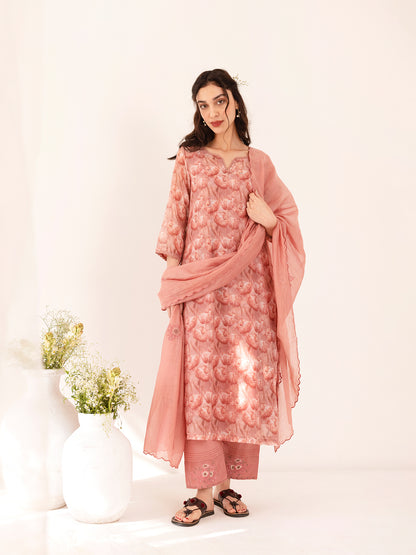 Coral tulip floral printed mul chanderi beadwork kurta set