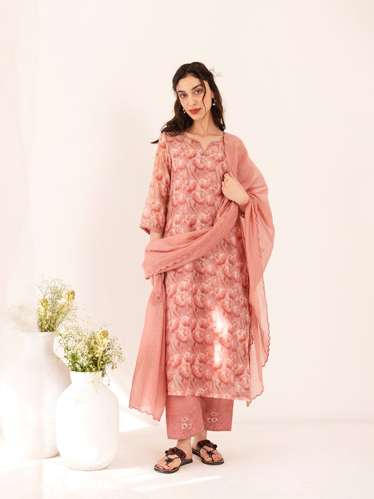 Coral tulip floral printed mul chanderi beadwork kurta set