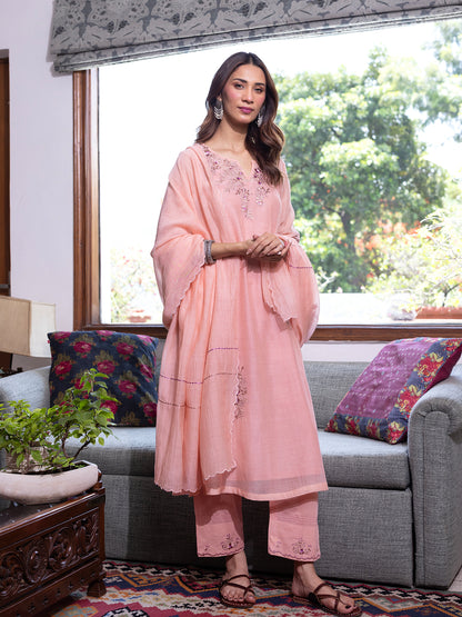 Peach mul chanderi thread and bead, sequence work kurta set