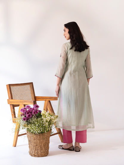 Soft green mul chanderi thread work kurta set