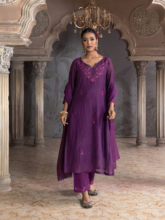Purple mul chanderi thread with mirror and sequence embroidery kurta set