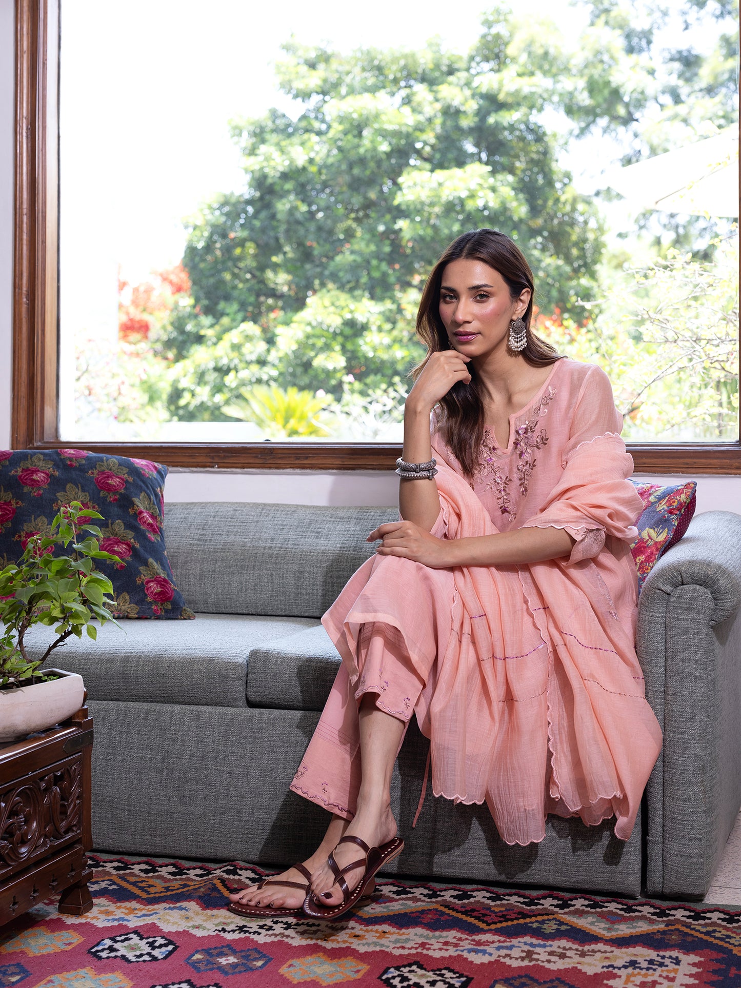 Peach mul chanderi thread and bead, sequence work kurta