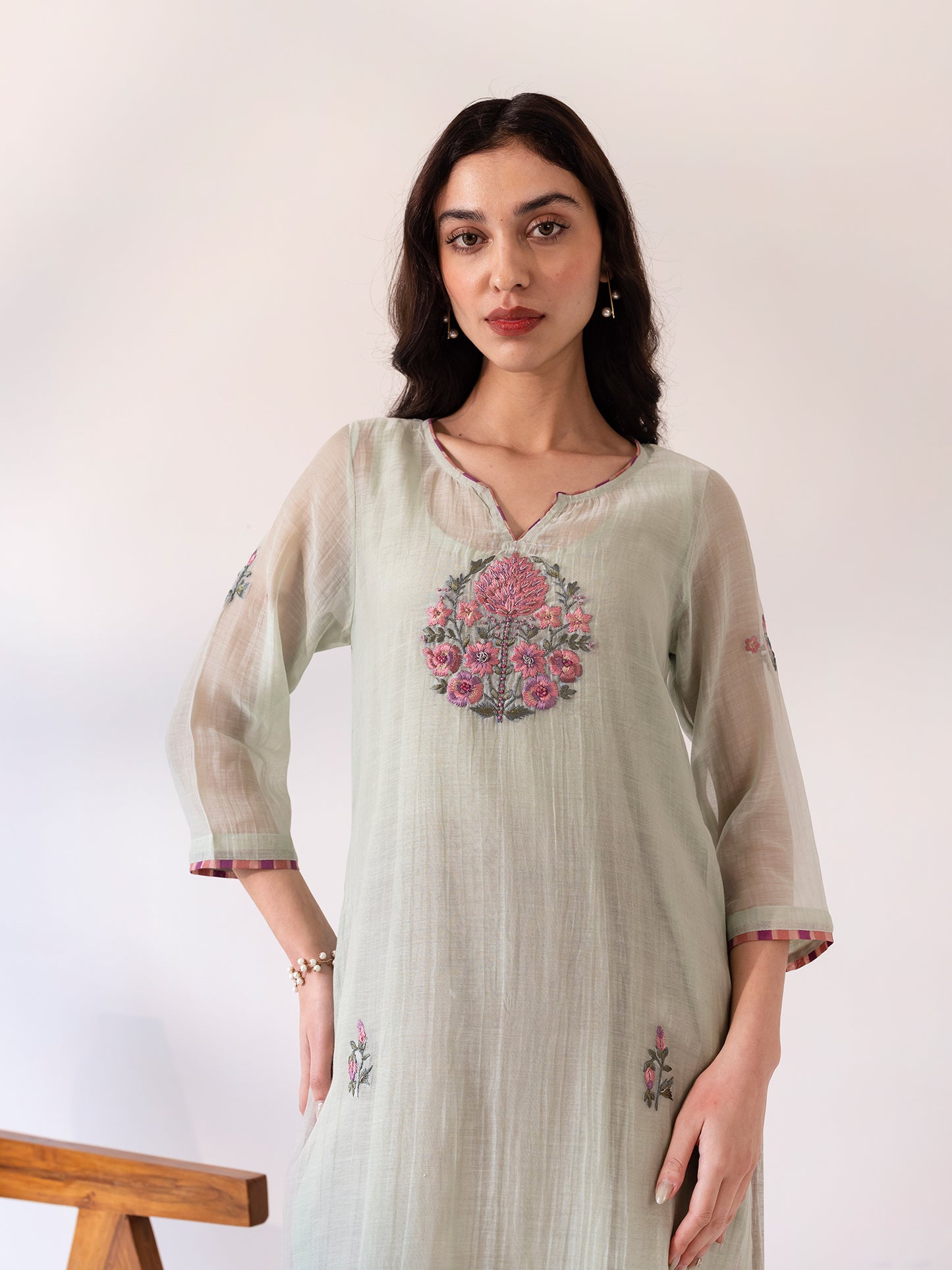 Soft green mul chanderi thread work kurta set
