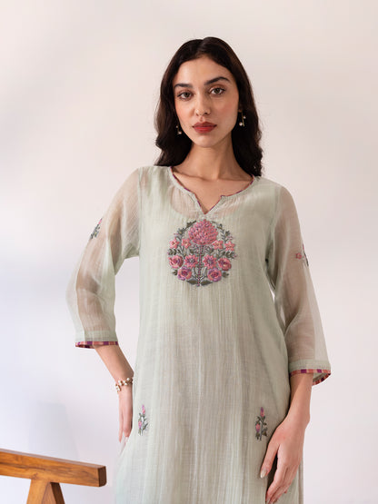 Soft green mul chanderi thread work kurta set