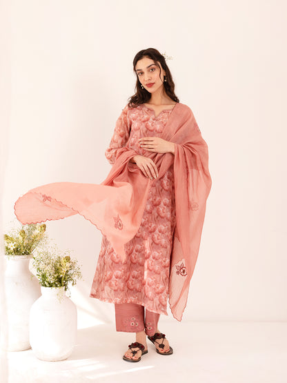 Coral tulip floral printed mul chanderi beadwork kurta set