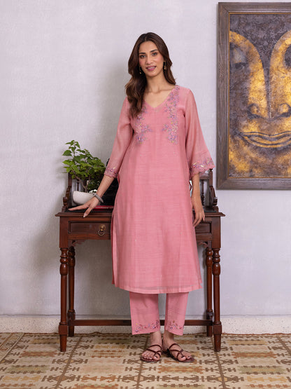 Onion pink mul chanderi gota with thread embroidery kurta set