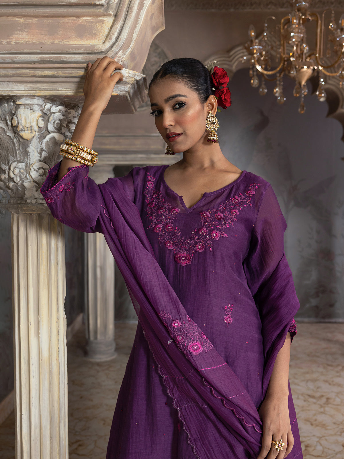 Purple mul chanderi thread with mirror and sequence embroidery kurta set