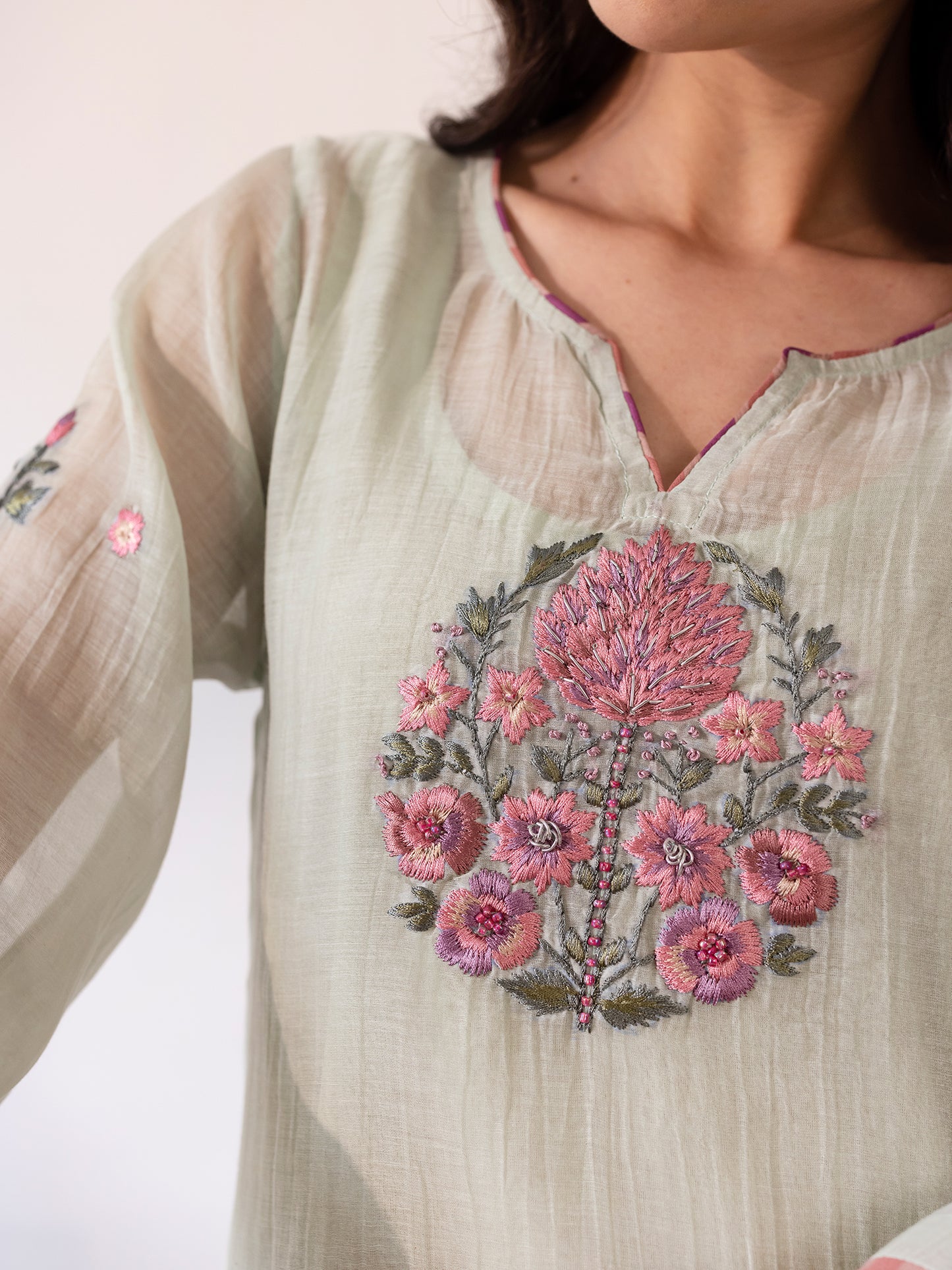 Soft green mul chanderi thread work kurta set