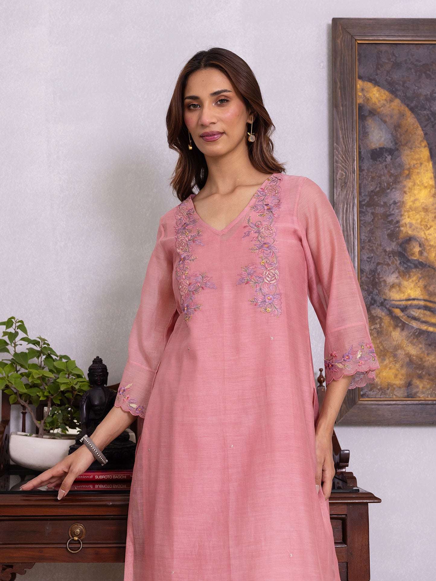 Onion pink mul chanderi gota with thread embroidery kurta set