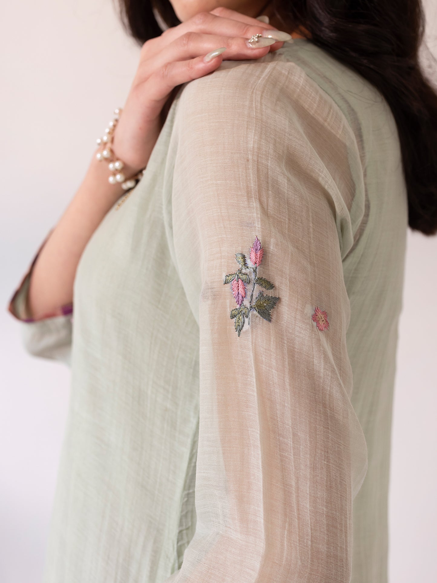 Soft green mul chanderi thread work kurta set