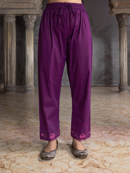Purple Cotton Pant  with thread and mirror work