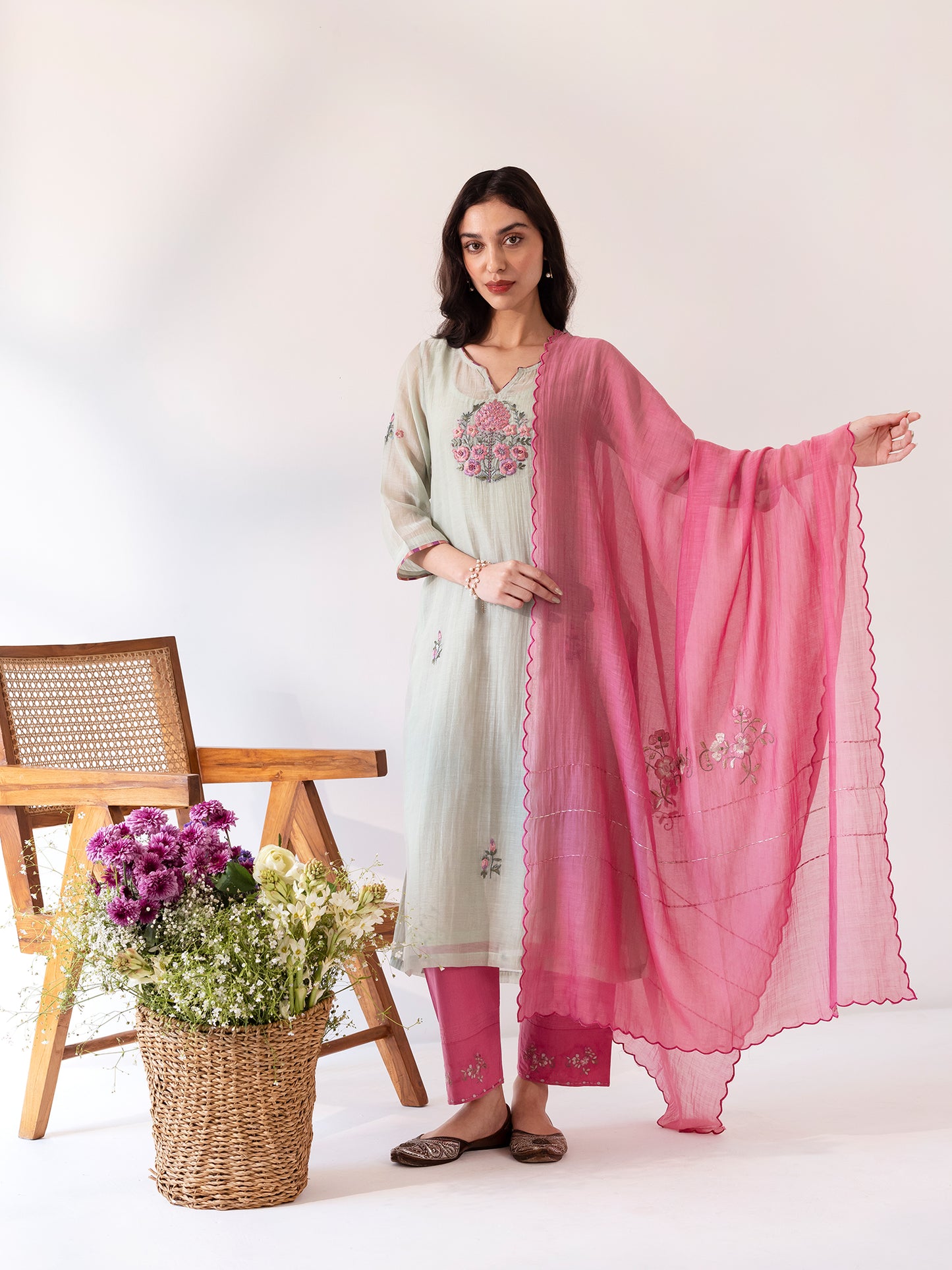 Soft green mul chanderi thread work kurta set