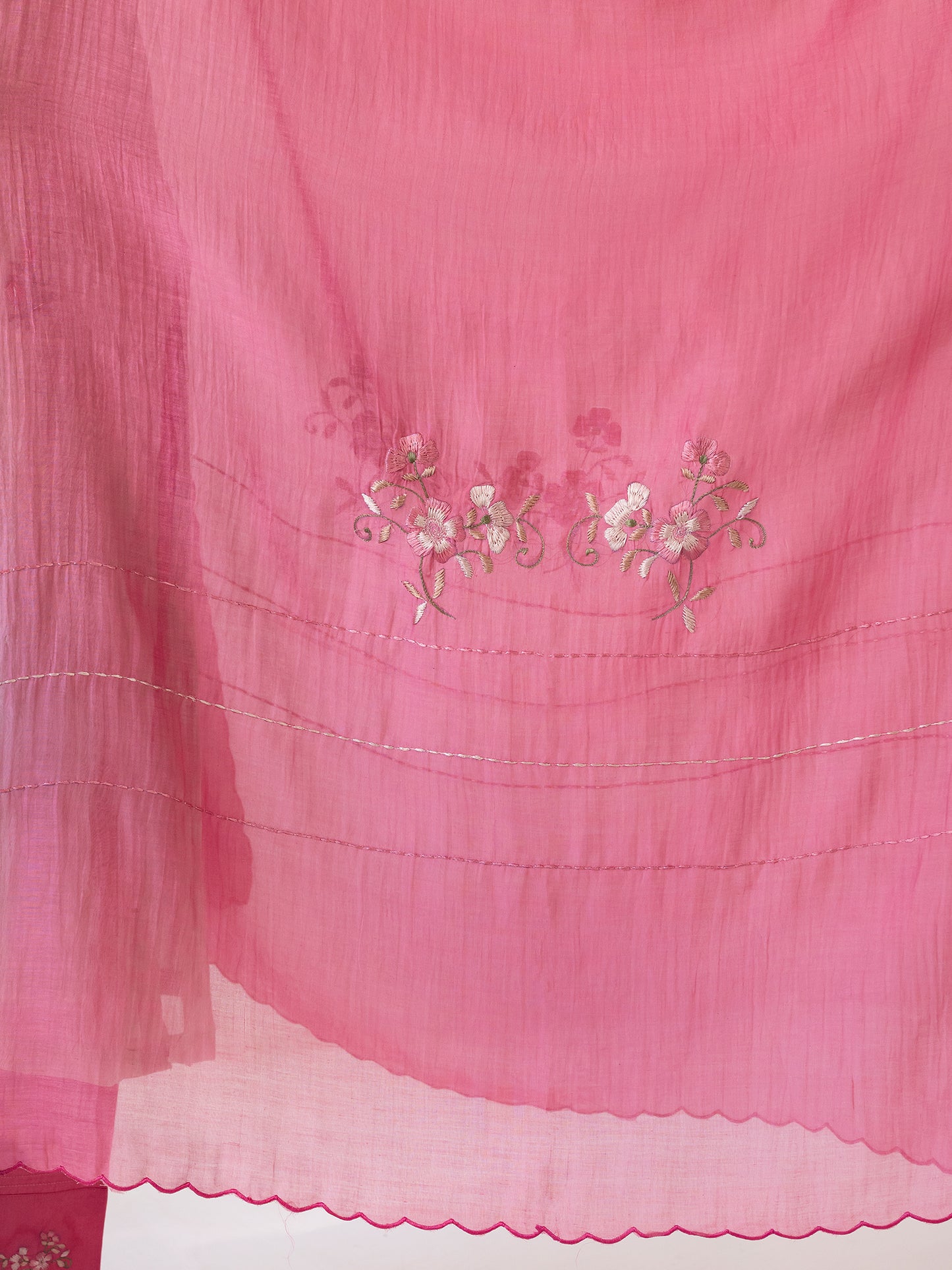 Yellow and pink floral printed mul chanderi beadwork kurta set