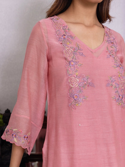 Onion pink mul chanderi gota with thread embroidery kurta set