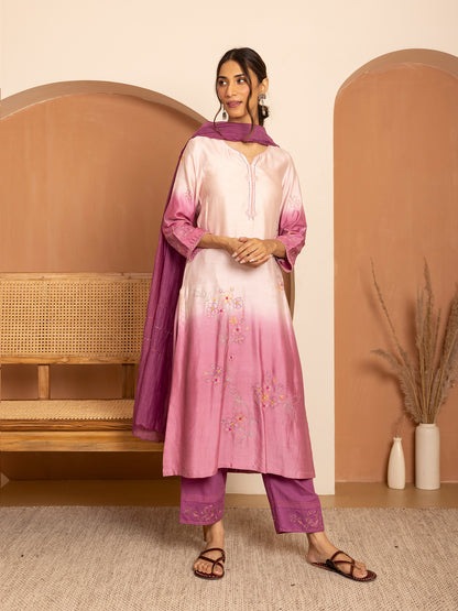 Light pink and purple ombrey bamboo silk with thread and bead embroidery kurta