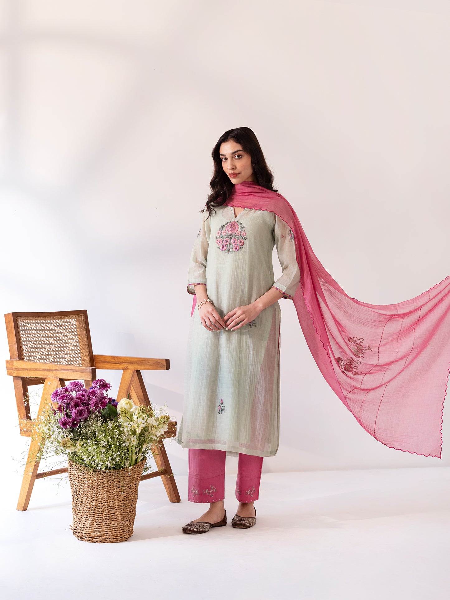 Soft green mul chanderi thread work kurta set