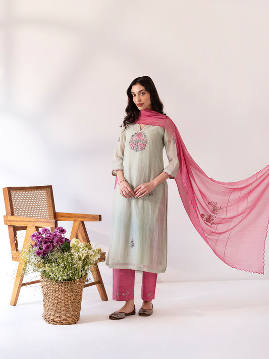 Soft green mul chanderi thread work kurta set