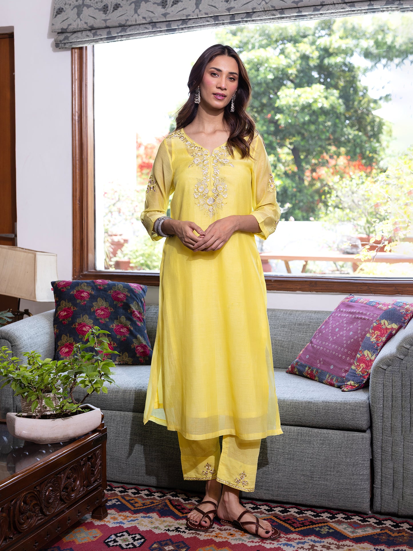 Yellow mul chanderi  thread with sequence and bead work kurta set