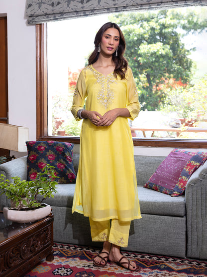 Yellow mul chanderi  thread with sequence and bead work kurta set