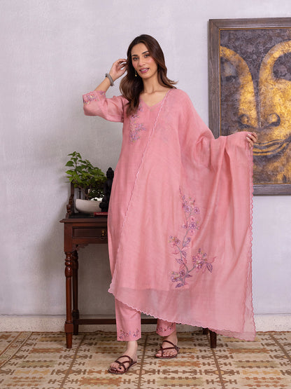 Onion pink mul chanderi gota with thread embroidery kurta set