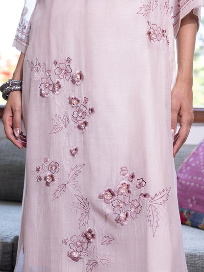 Off white mul chanderi  thread with sequence and bead work kurta set