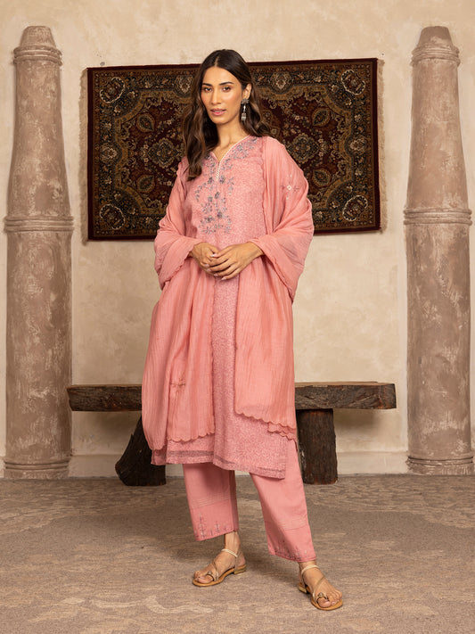 Pink hand block print kota cotton with zardozi hand embroidery kurta set