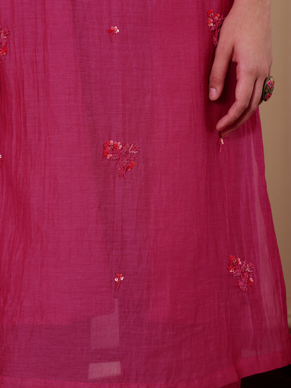 Rani pink mul Chanderi bead work Kurta