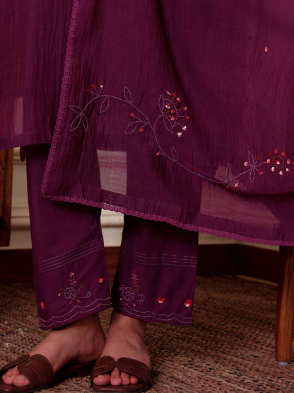 Purple mul chanderi bead work kurta set