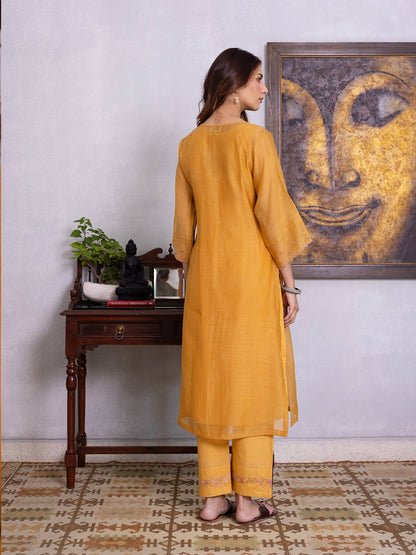 Mustard yellow mul chanderi gota with thread embroidery kurta set