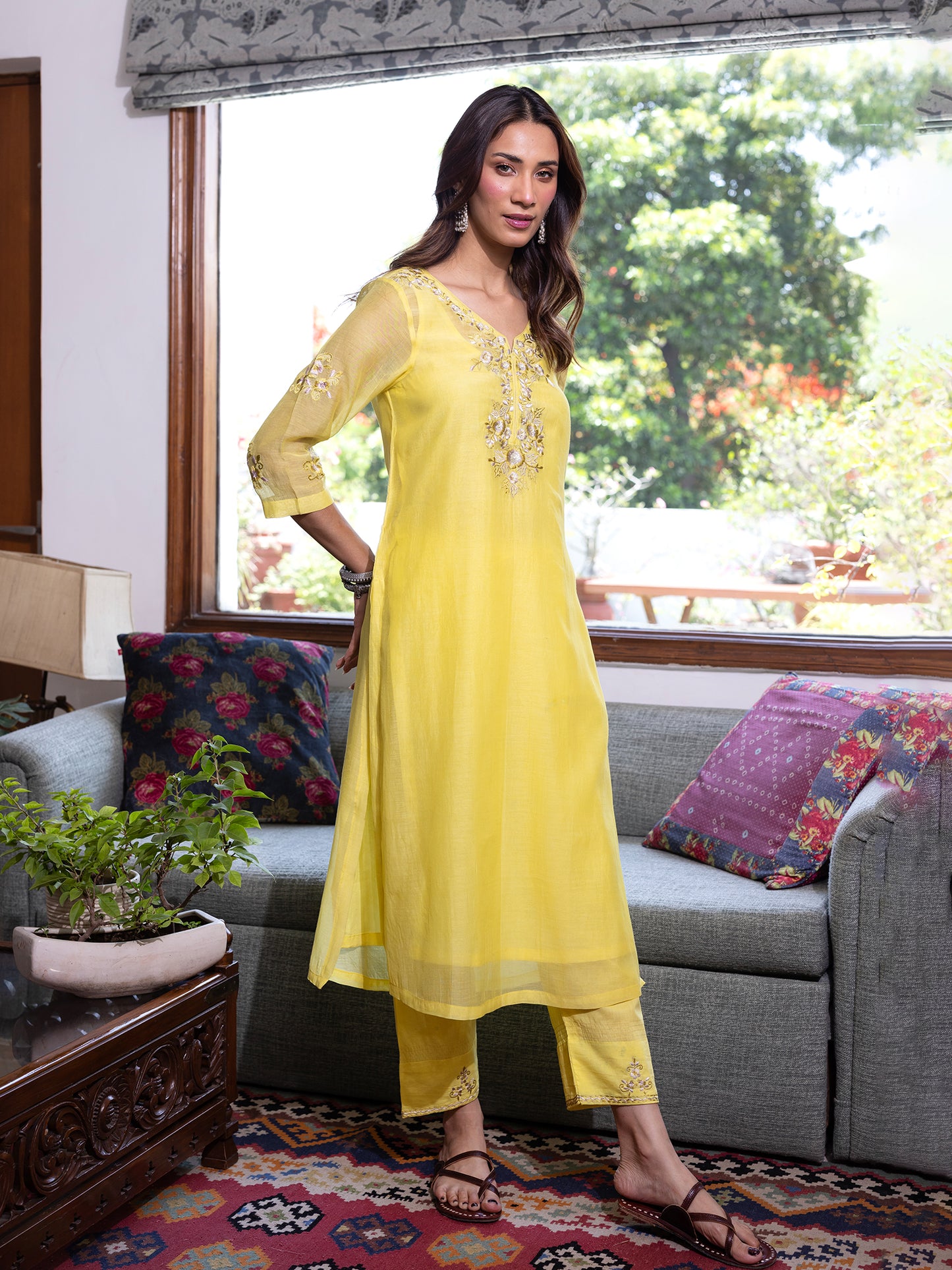 Yellow mul chanderi  thread with sequence and bead work kurta set