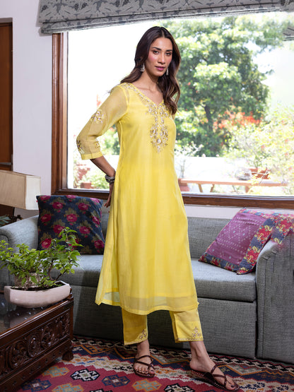 Yellow mul chanderi  thread with sequence and bead work kurta set
