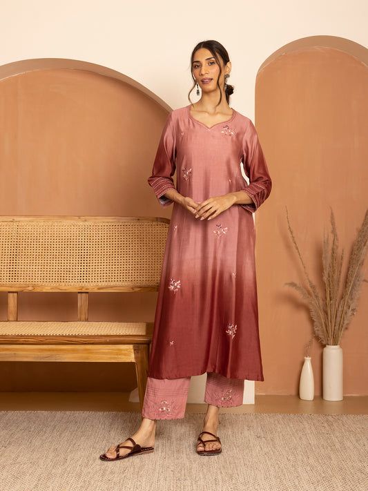 brick with onion pink ombrey bamboo silk with thread and bead embroidery kurta