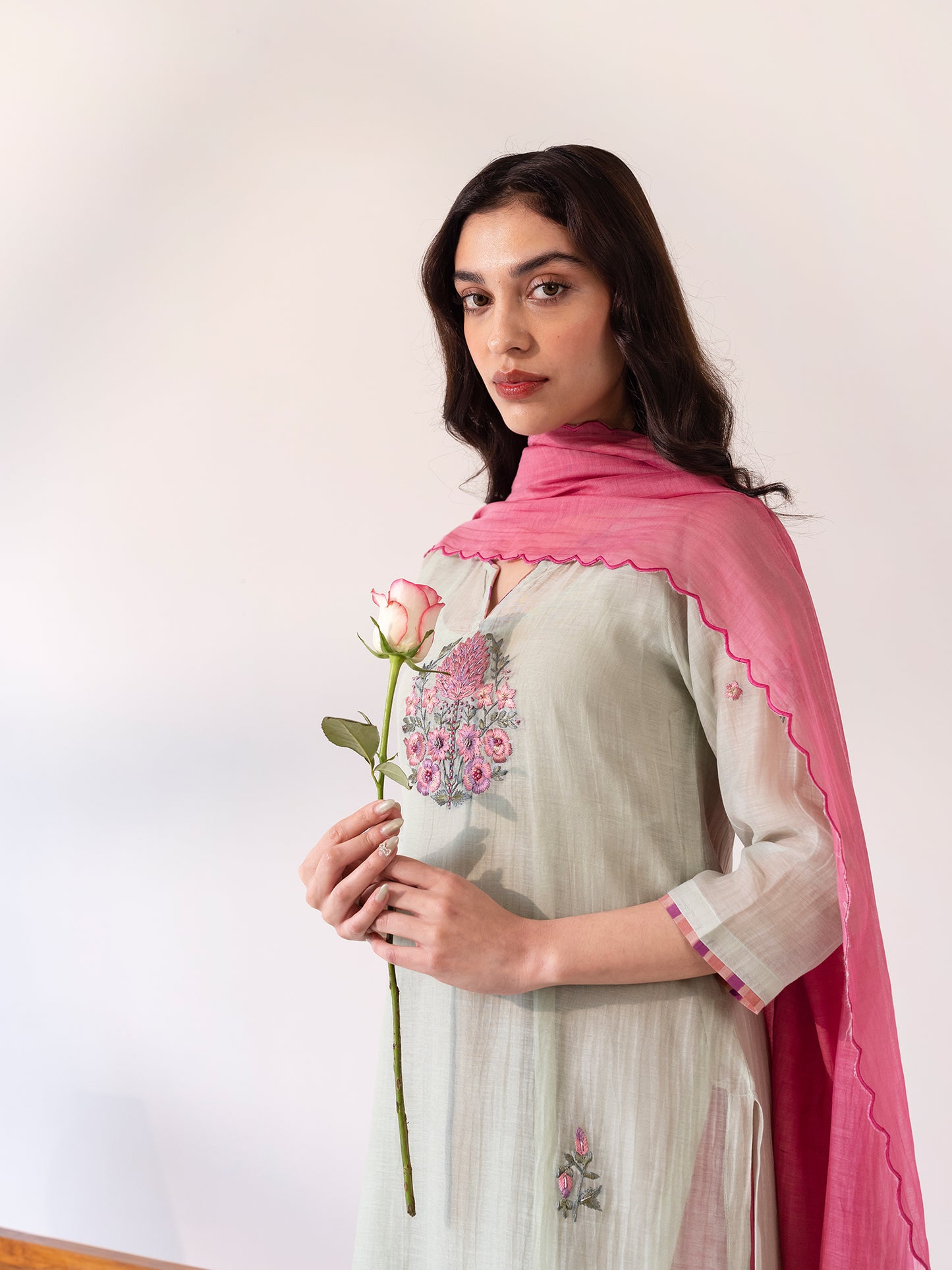 Soft green mul chanderi thread work kurta set