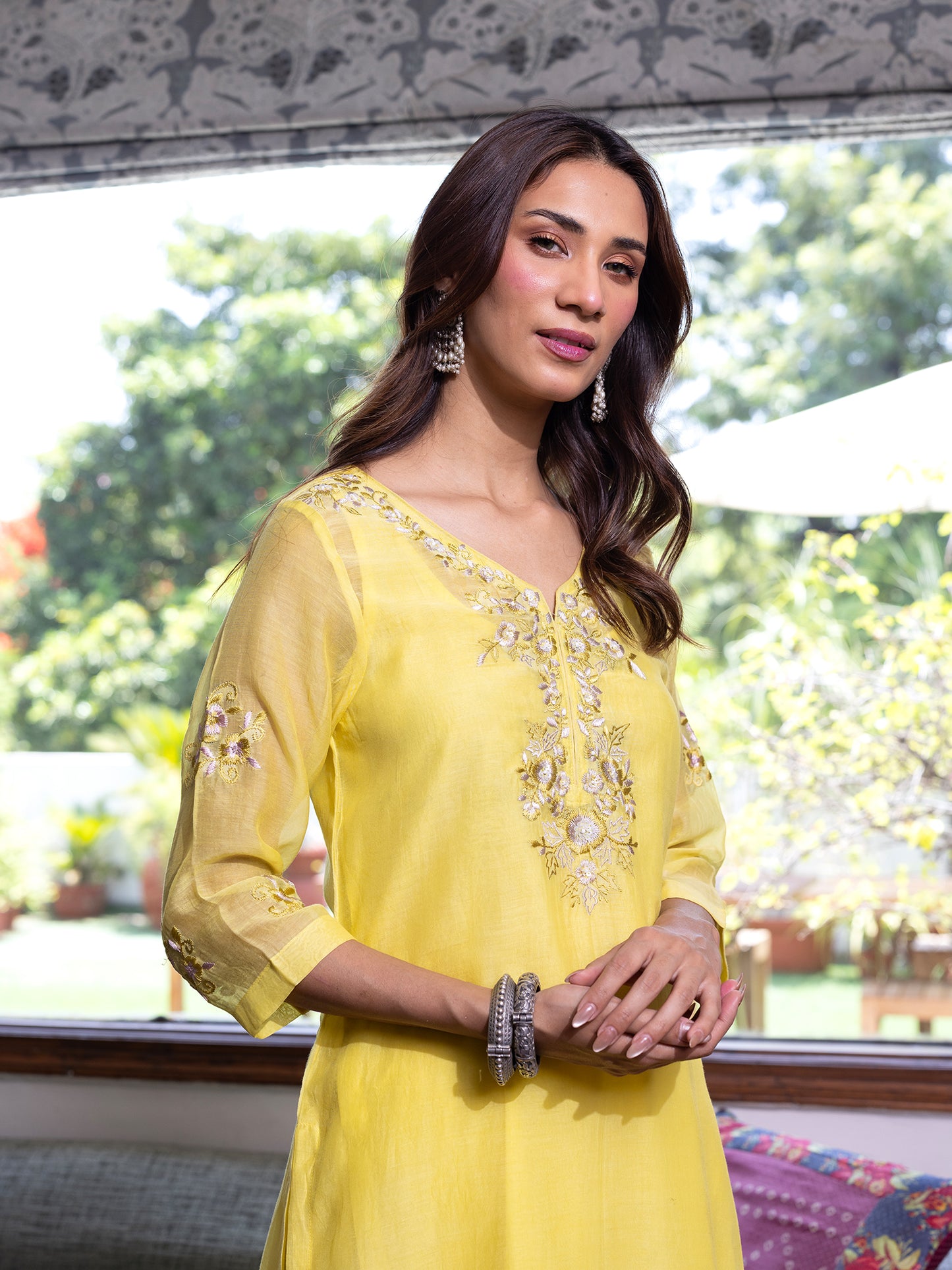Yellow mul chanderi  thread with sequence and bead work kurta set