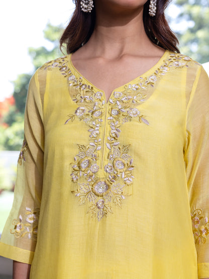 Yellow mul chanderi  thread with sequence and bead work kurta set