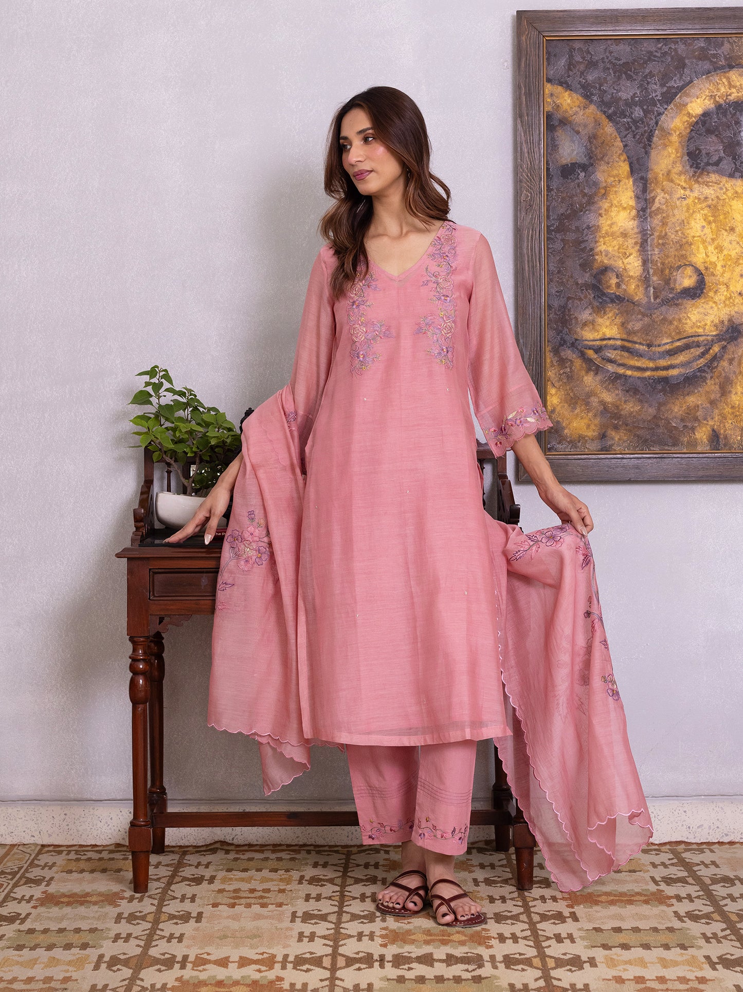 Onion pink mul chanderi gota with thread embroidery kurta set