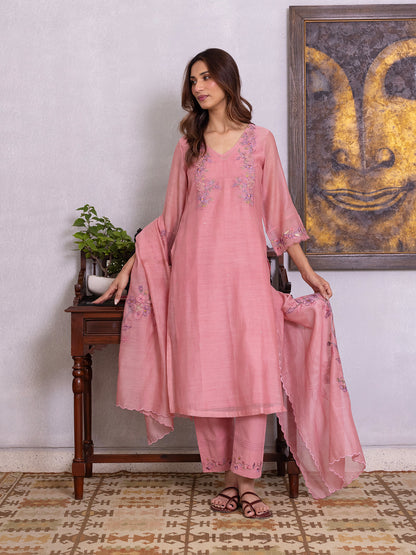 Onion pink mul chanderi gota with thread embroidery kurta set