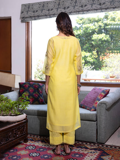 Yellow mul chanderi  thread with sequence and bead work kurta set