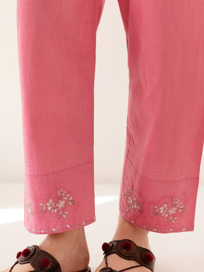 Yellow and pink floral printed mul chanderi beadwork kurta set