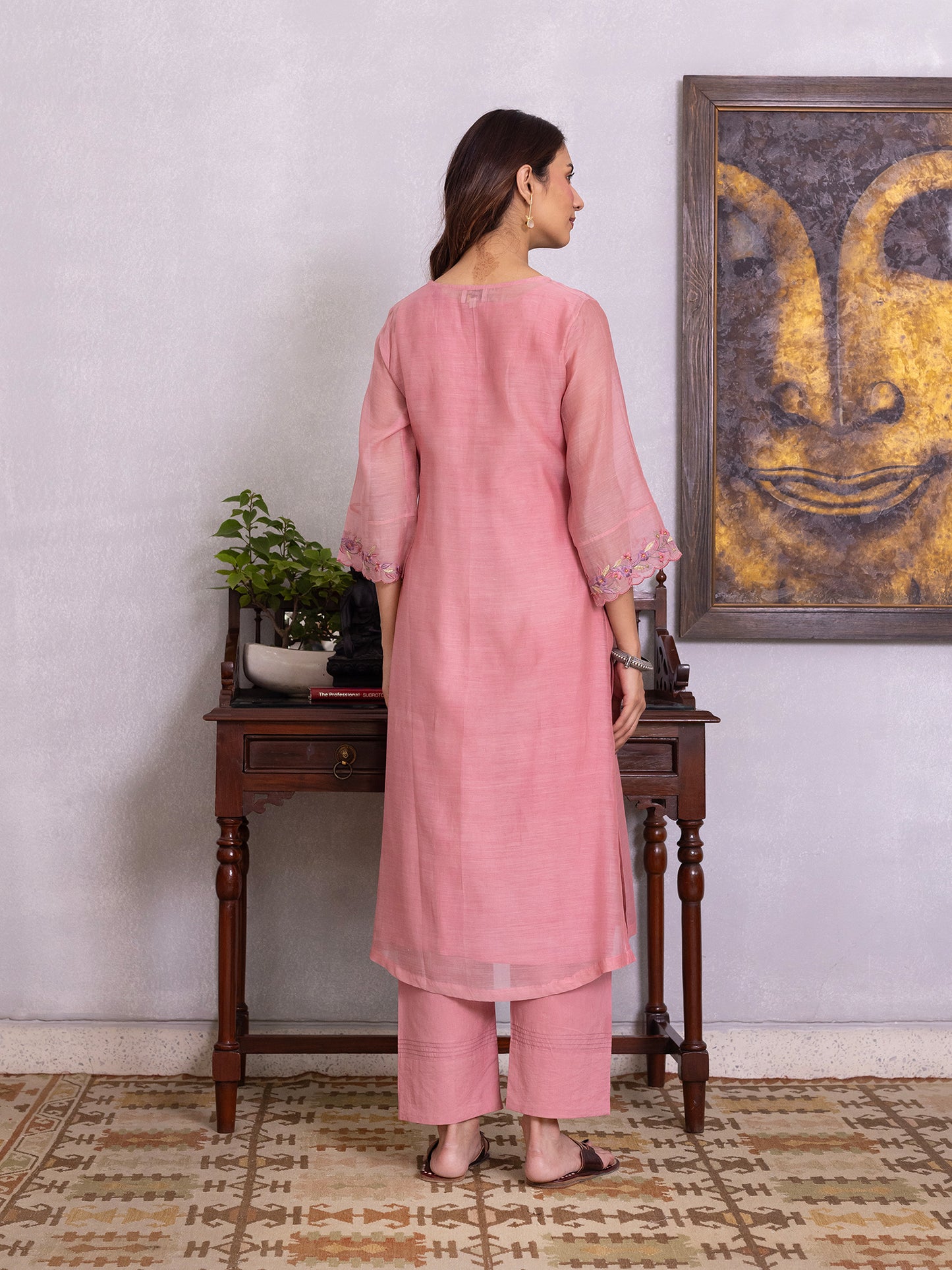 Onion pink mul chanderi gota with thread embroidery kurta set