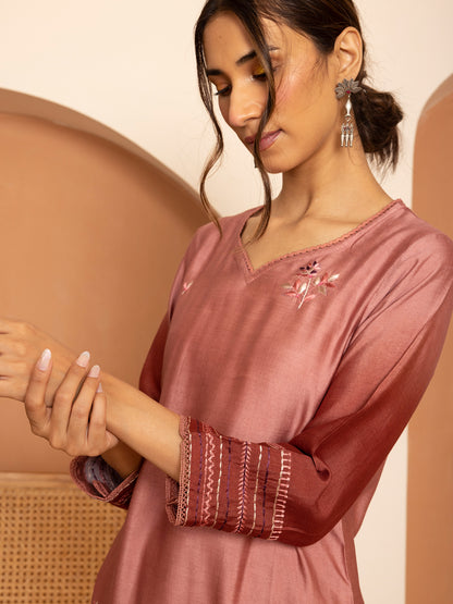 brick with onion pink ombrey bamboo silk with thread and bead embroidery kurta set