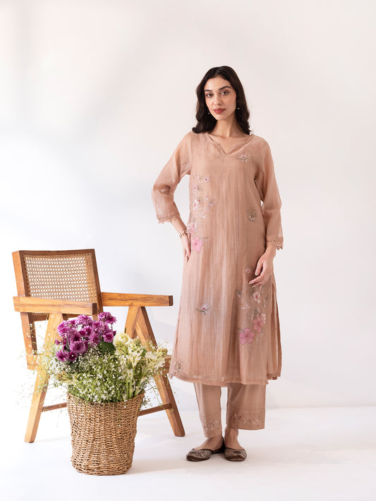 Beige mul chanderi thread and fabric cutwork work kurta