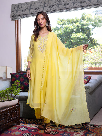 Yellow mul chanderi  thread with sequence and bead work kurta set