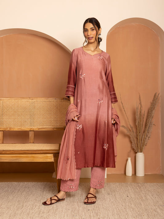 brick with onion pink ombrey bamboo silk with thread and bead embroidery kurta set