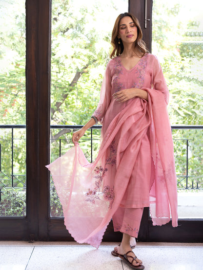 Onion pink mul chanderi gota with thread embroidery kurta set
