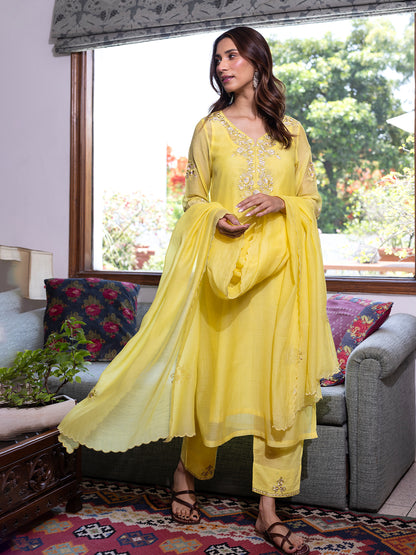 Yellow mul chanderi  thread with sequence and bead work kurta set