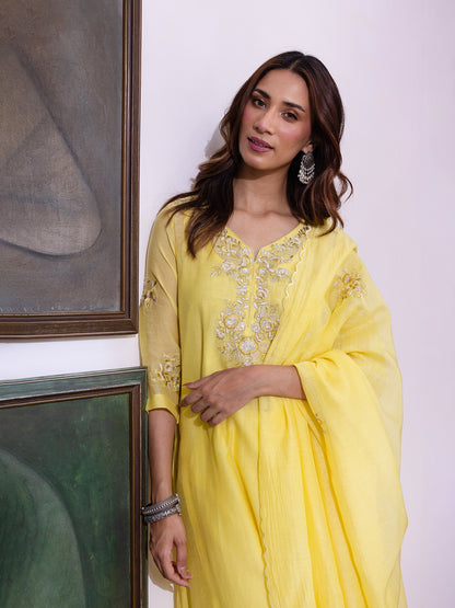 Yellow mul chanderi  thread with sequence and bead work kurta set